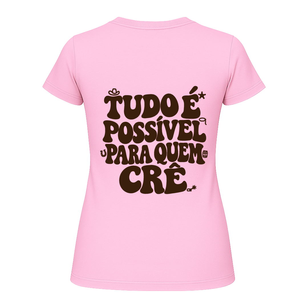 "Baby Look - "Tudo é possível" - Estampa Marrom Escuro" Blusa Baby Look