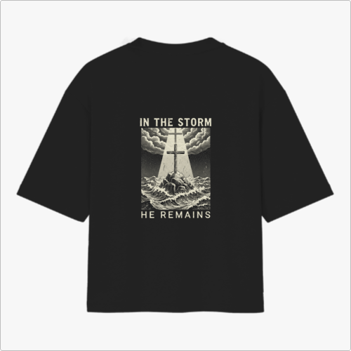 Camiseta com estampa frontal de texto decorativo "OG" e estampa traseira de ilustração com cruz em paisagem tempestuosa e as palavras "In the Storm He Remains".