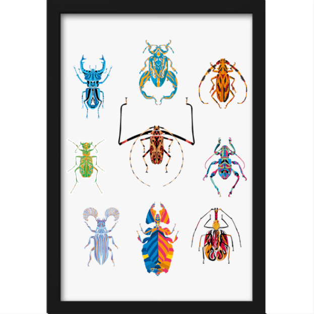 Quadro com estampa de nove besouros estilizados, cada um com padrões geométricos complexos e distintas combinações de cores vibrantes.