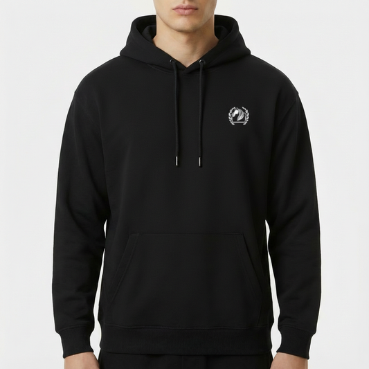 Moletom com estampa frontal de emblema circular com folhas e estampa traseira de personagem azul com chapéu, gravata vermelha e "LOGOS COUNTRY".