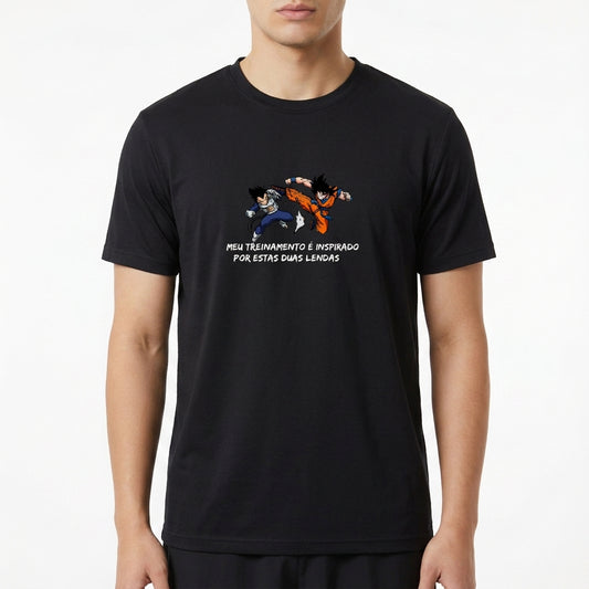 "Meu Treino é inspirado por estas duas lendas Vegeta e Goku Dragon Ball - Camiseta DryFit Premium Unissex" Camiseta Regular Poliamida UV