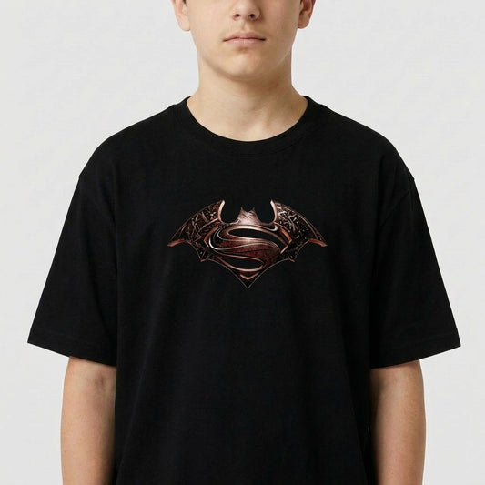 Camiseta com estampa frontal de um emblema estilizado que combina elementos de morcego e escudo, detalhado com nuances metálicas e textura intricada.