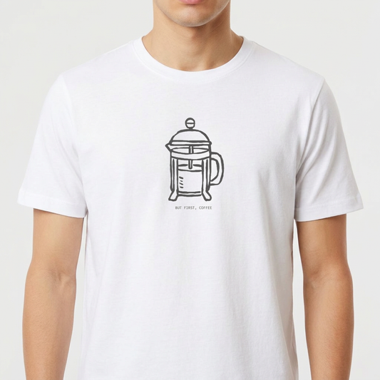 "But First Coffee" Camiseta Premium Unissex