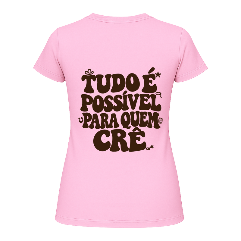 "Baby Look - "Tudo é possível" - Estampa Marrom Escuro" Blusa Baby Look