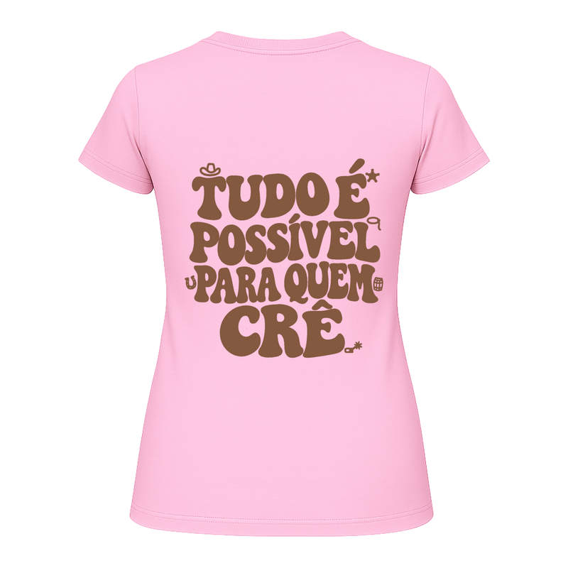 "Baby Look - "Tudo é possível" - Estampa Marrom Claro" Blusa Baby Look