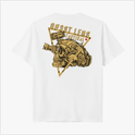 Camiseta com estampa frontal de caveira com visor em triângulo e estampa traseira de caveira tática com dispositivos, triângulo e texto "Ghost Lens Tactical".