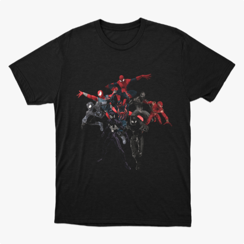Camiseta com estampa frontal de vários personagens em poses dinâmicas de ação, cada um com diferentes uniformes e estilos distintos, destacando-se no centro.