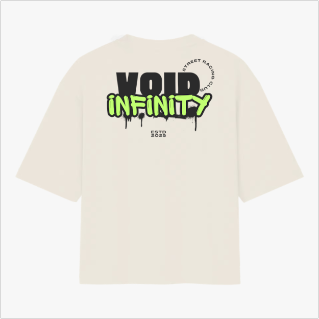 Camiseta com estampa traseira de "VOID INFINITY" com efeito de tinta escorrendo, acompanhada por "STREET RACING CLUB" em arco e "ESTD 2023" abaixo.