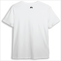 Camiseta com estampa frontal de texto "PROJECT: RUN NINES FEARLESS" em letras maiúsculas e pequenas linhas e estampa traseira de símbolo minimalista.