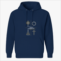 Moletom com estampa frontal de elementos religiosos incluindo um ostensório, coroa de espinhos, cruz e Nossa Senhora, e estampa traseira de logotipo com coroa.