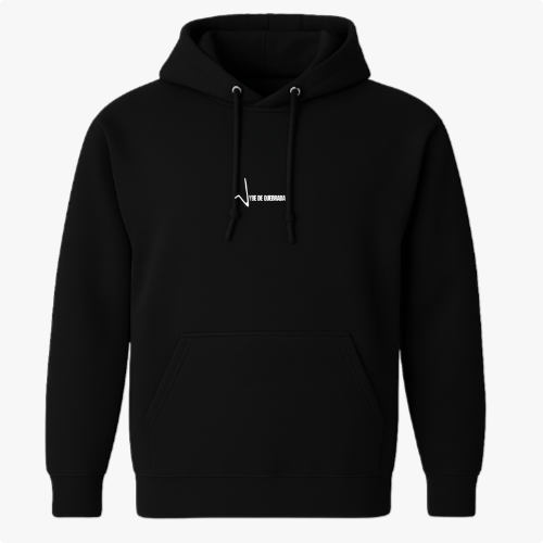 Moletom com estampa frontal de uma linha com texto e estampa traseira com texto estilizado em camadas sobrepostas, criando efeito tridimensional.