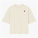 Camiseta com estampa frontal de símbolo geométrico estilizado e estampa traseira de garrafa com chama, frase de identidade pessoal e palavras destacadas.