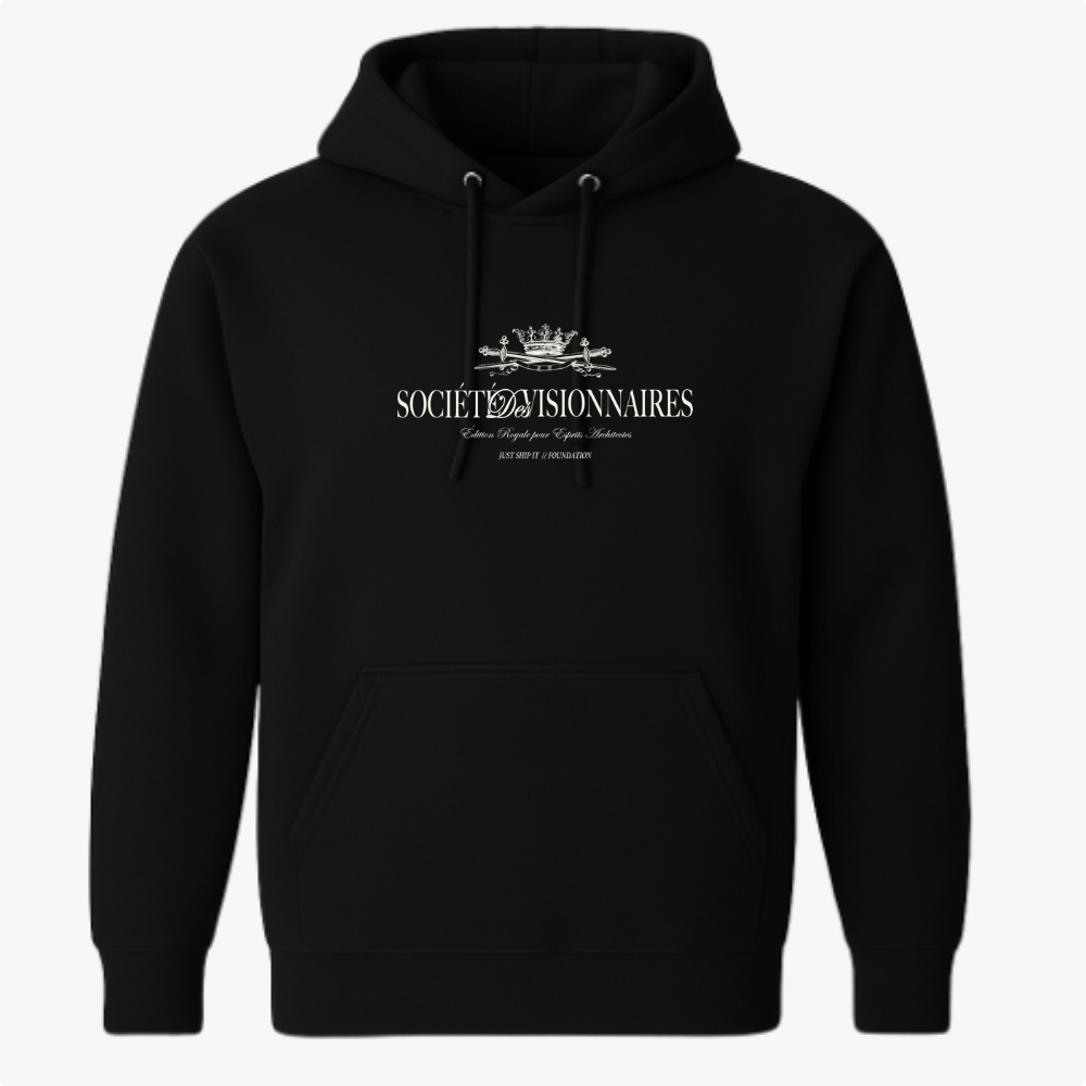 Moletom com estampa frontal de coroa detalhada acima do texto "Société Visionnaires", com frases menores em estilo clássico complementando o design.