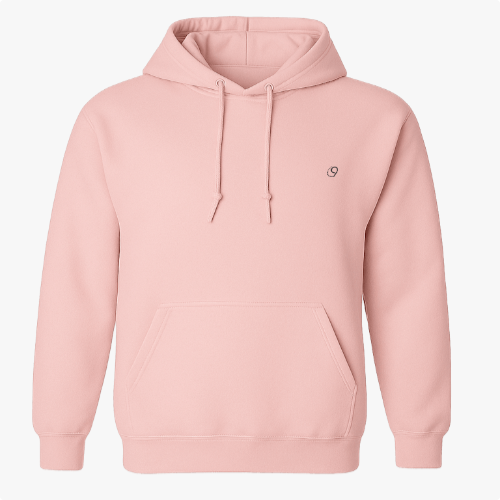 Moletom com estampa frontal de pequeno logotipo discreto e estampa traseira de mão segurando um coração estilizado com os dizeres "BEYOND THE LINE".