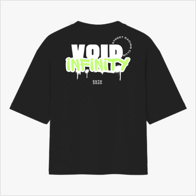 Camiseta com estampa traseira de "VOID INFINITY" com efeito de tinta escorrendo, acompanhada por "STREET RACING CLUB" em arco e "ESTD 2023" abaixo.