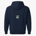 Moletom com estampa frontal de uma linha com texto e estampa traseira com texto estilizado em camadas sobrepostas, criando efeito tridimensional.