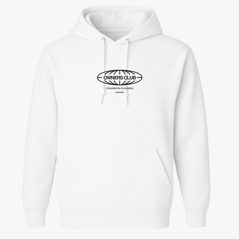 Moletom com estampa frontal de logotipo oval com texto "OWNERS CLUB", "POWERED BY FOUNDERS" e "just drift", rodeado por um design geométrico.