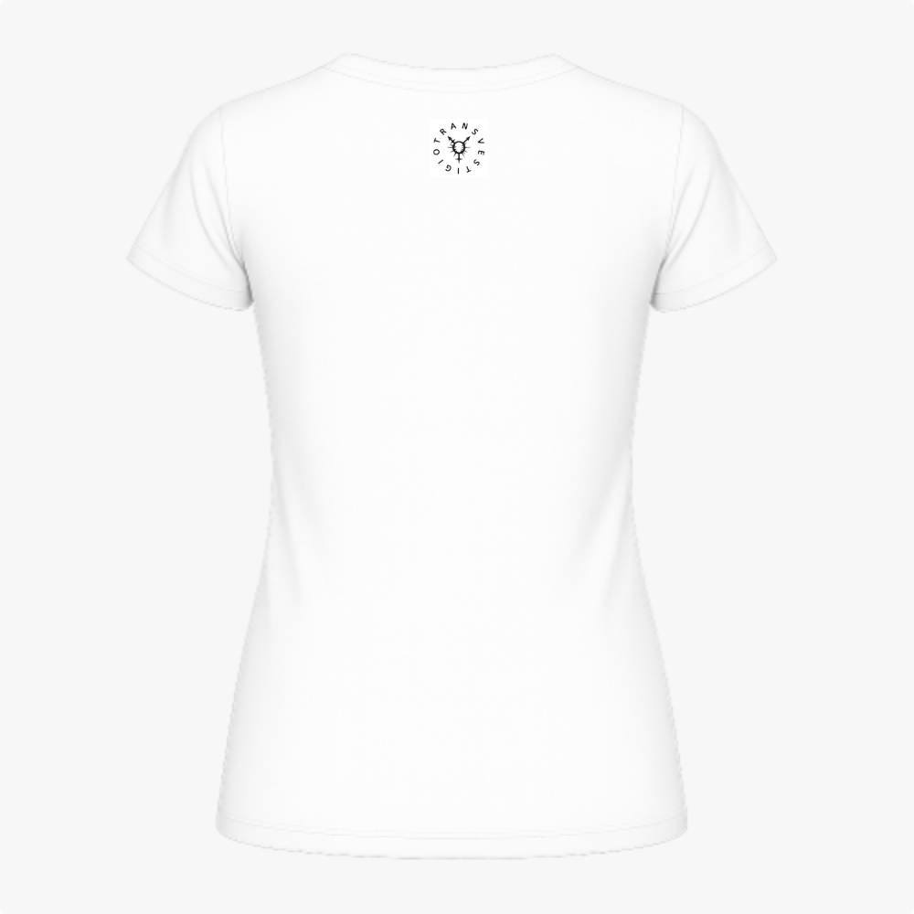 Camiseta com estampa frontal de texto "protect all of the dolls" envolvendo um símbolo central, e estampa traseira de logotipo circular escrito "TRANSMETICDOLL".