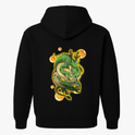 Moletom com estampa traseira de dragão oriental elaborado, envolto em esferas luminosas, adicionando um visual místico e detalhado à peça.