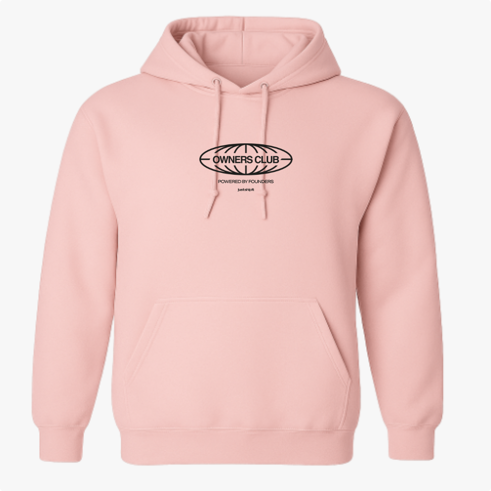 Moletom com estampa frontal de logotipo oval com texto "OWNERS CLUB", "POWERED BY FOUNDERS" e "just drift", rodeado por um design geométrico.
