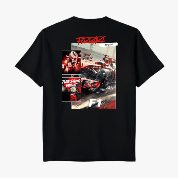 Camiseta com estampa traseira de cena de corrida F1, incluindo piloto, carro em ação, escrita "Ferrari", "Speed Master" e "Race Addict".