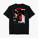 Camiseta com estampa frontal de carro esportivo em várias perspectivas, com textos estilizados, incluindo "F40", "Born to Race" e "Stay Inspired".