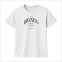 Camiseta com estampa frontal de texto estilizado em diferentes tamanhos, incorporando frases motivacionais sobre corrida, incluindo "#irunrunning".