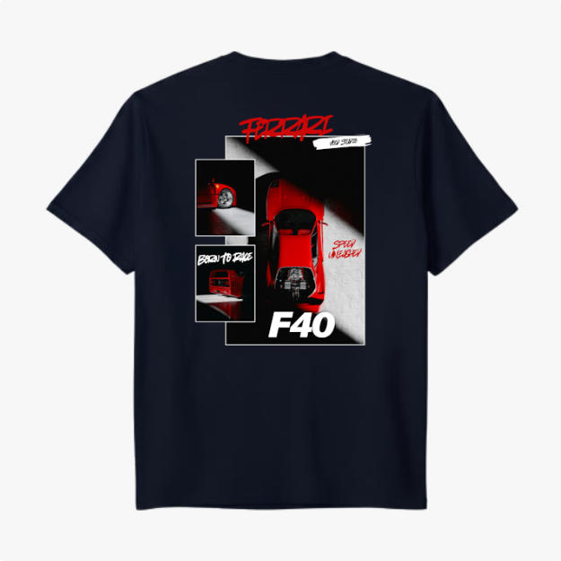 Camiseta com estampa traseira de carro esportivo F40, composta por vistas laterais, frontais e texto estilizado nas cores vermelha e branca.