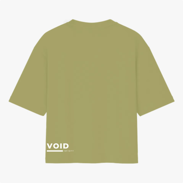 Camiseta com estampa traseira de logotipo "VOID INFINITY" estilizado, com a palavra "VOID" em destaque acima de uma linha horizontal.