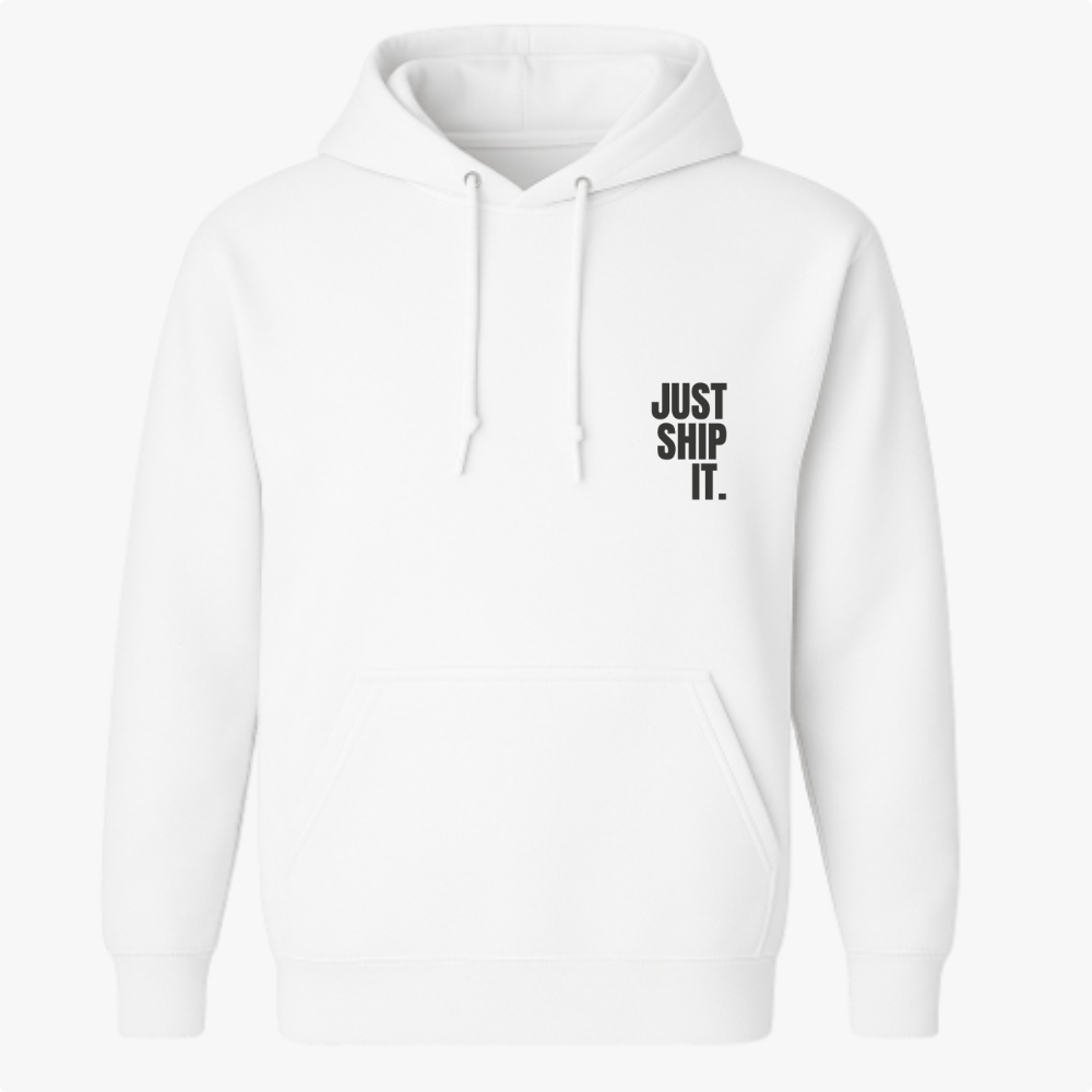 Moletom com estampa frontal de texto em letras maiúsculas dizendo "JUST SHIP IT.", posicionada no lado esquerdo do peito.