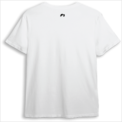 Camiseta com estampa frontal de "5AM CREW" acompanhada pela inscrição menor "minorproject" e estampa traseira minimalista de um logotipo estilizado.