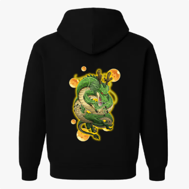 Moletom com estampa traseira de dragão oriental envolto em sete esferas brilhantes, cada uma com estrelas, criando um visual mágico e místico.