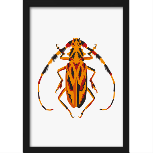 Quadro com estampa frontal de um besouro estilizado, destacando listras simétricas e detalhes geométricos em suas asas e corpo, de modo vibrante e detalhado.