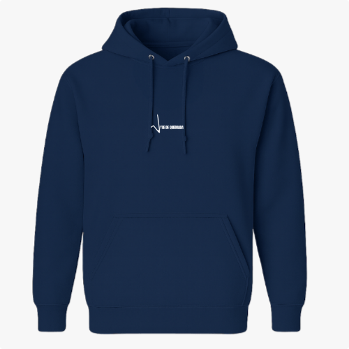 Moletom com estampa frontal de uma linha com texto e estampa traseira com texto estilizado em camadas sobrepostas, criando efeito tridimensional.