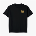 Camiseta com estampa frontal de caveira com visor em triângulo e estampa traseira de caveira tática com dispositivos, triângulo e texto "Ghost Lens Tactical".
