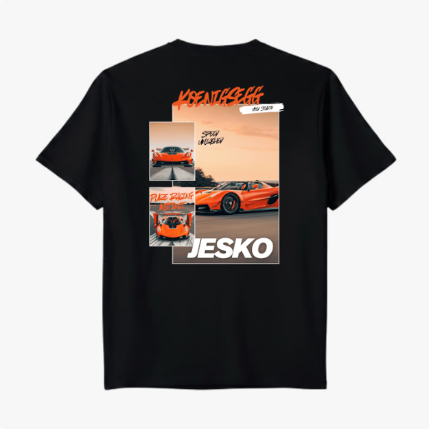 Camiseta com estampa traseira de carro esportivo em alta velocidade com três imagens, incluindo vistas frontais e laterais, com lettering dinâmico.