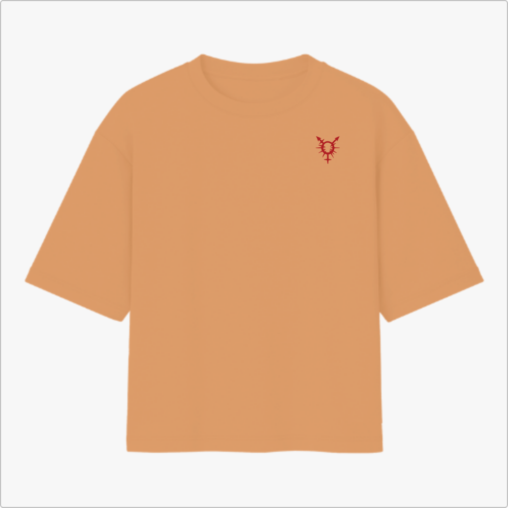 Camiseta com estampa frontal de símbolo geométrico estilizado e estampa traseira de garrafa com chama, frase de identidade pessoal e palavras destacadas.