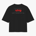 Camiseta com estampa traseira de "VOID" em contorno com "infinity" em destaque no centro, acompanhada pela inscrição "GAME ORGANIZATION" abaixo.