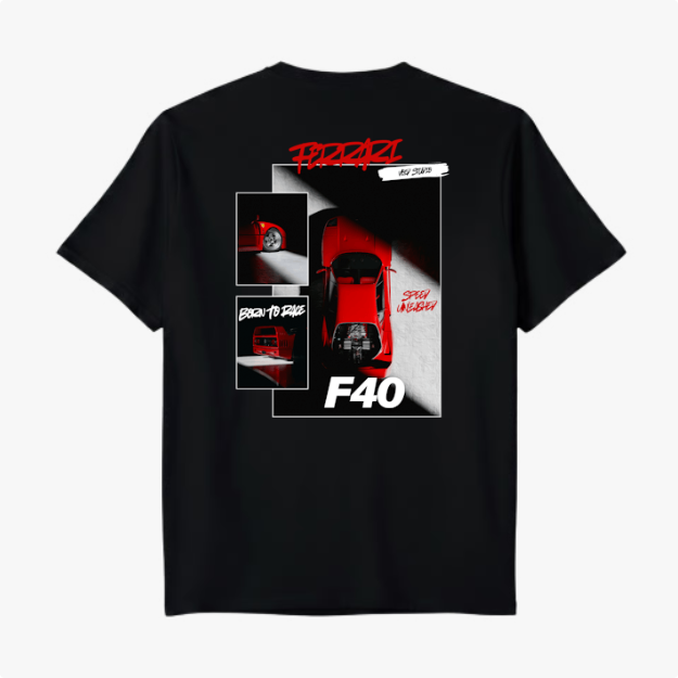 Camiseta com estampa traseira de carro esportivo F40 em perspectiva de cima, com detalhes de rodas e frase "Born to Race" em estilo gráfico moderno.