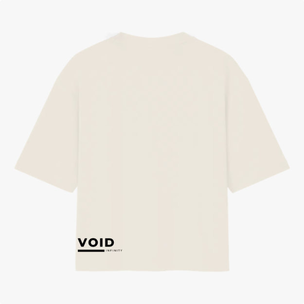 Camiseta com estampa traseira de logotipo "VOID INFINITY" estilizado, com a palavra "VOID" em destaque acima de uma linha horizontal.