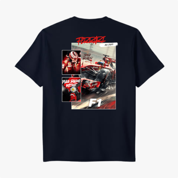 Camiseta com estampa traseira de cena de corrida F1, incluindo piloto, carro em ação, escrita "Ferrari", "Speed Master" e "Race Addict".