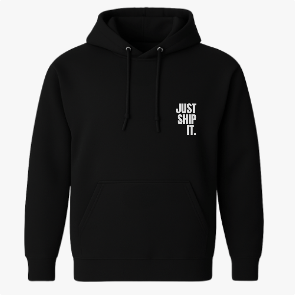 Moletom com estampa frontal de texto em letras maiúsculas dizendo "JUST SHIP IT.", posicionada no lado esquerdo do peito.