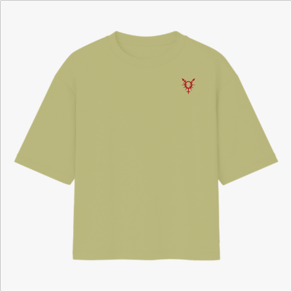 Camiseta com estampa frontal de símbolo geométrico estilizado e estampa traseira de garrafa com chama, frase de identidade pessoal e palavras destacadas.