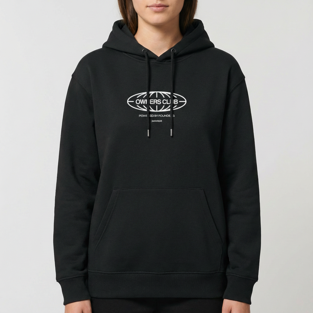 Moletom com estampa frontal de logotipo oval com texto "OWNERS CLUB", "POWERED BY FOUNDERS" e "just drift", rodeado por um design geométrico.