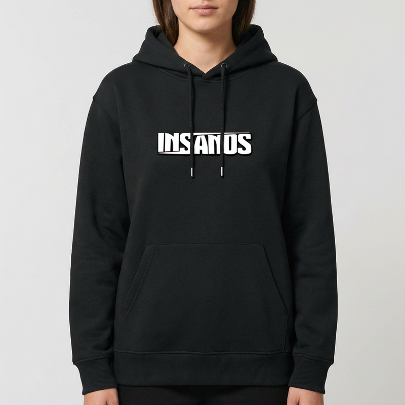 Moletom com estampa frontal de texto estilizado em negrito com a palavra "INSANOS" centralizada e sublinhada por duas linhas paralelas.