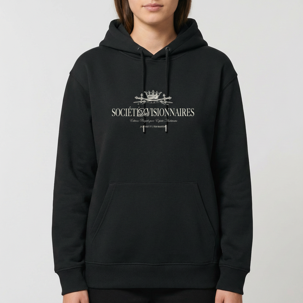 Moletom com estampa frontal de coroa detalhada acima do texto "Société Visionnaires", com frases menores em estilo clássico complementando o design.