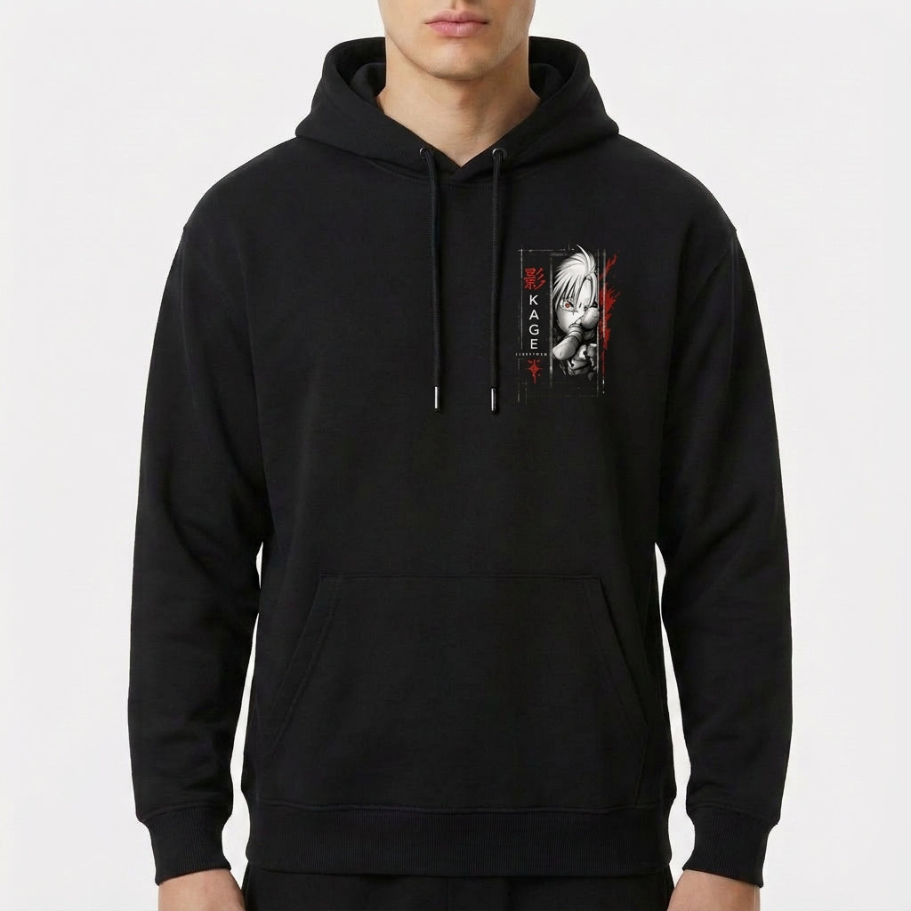Moletom com estampa frontal de personagem estilizado com inscrições verticais e detalhes luminosos e estampa traseira de círculo místico com símbolos complexos.