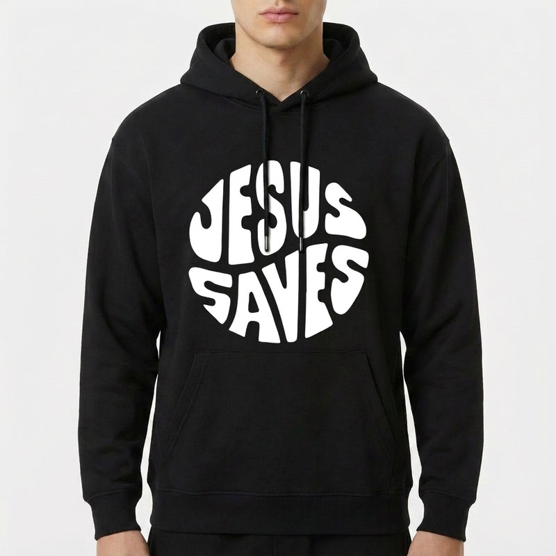 Moletom com estampa frontal da frase "JESUS SAVES" em estilo tipográfico bold e curvado, proporcionando um visual impactante e moderno.
