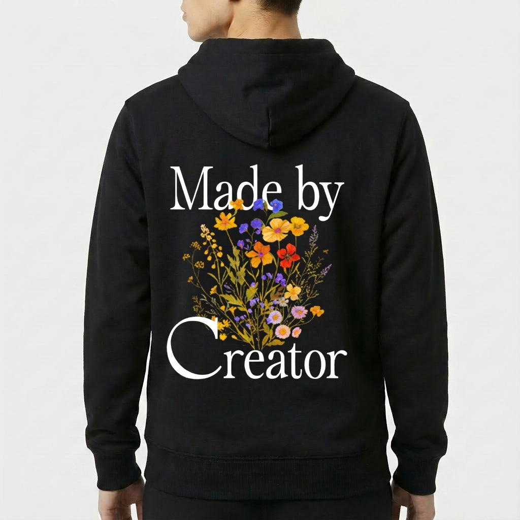 Moletom com estampa frontal de texto estilizado "Made by Creator" no lado superior esquerdo e estampa traseira de flores variadas sob o mesmo texto.