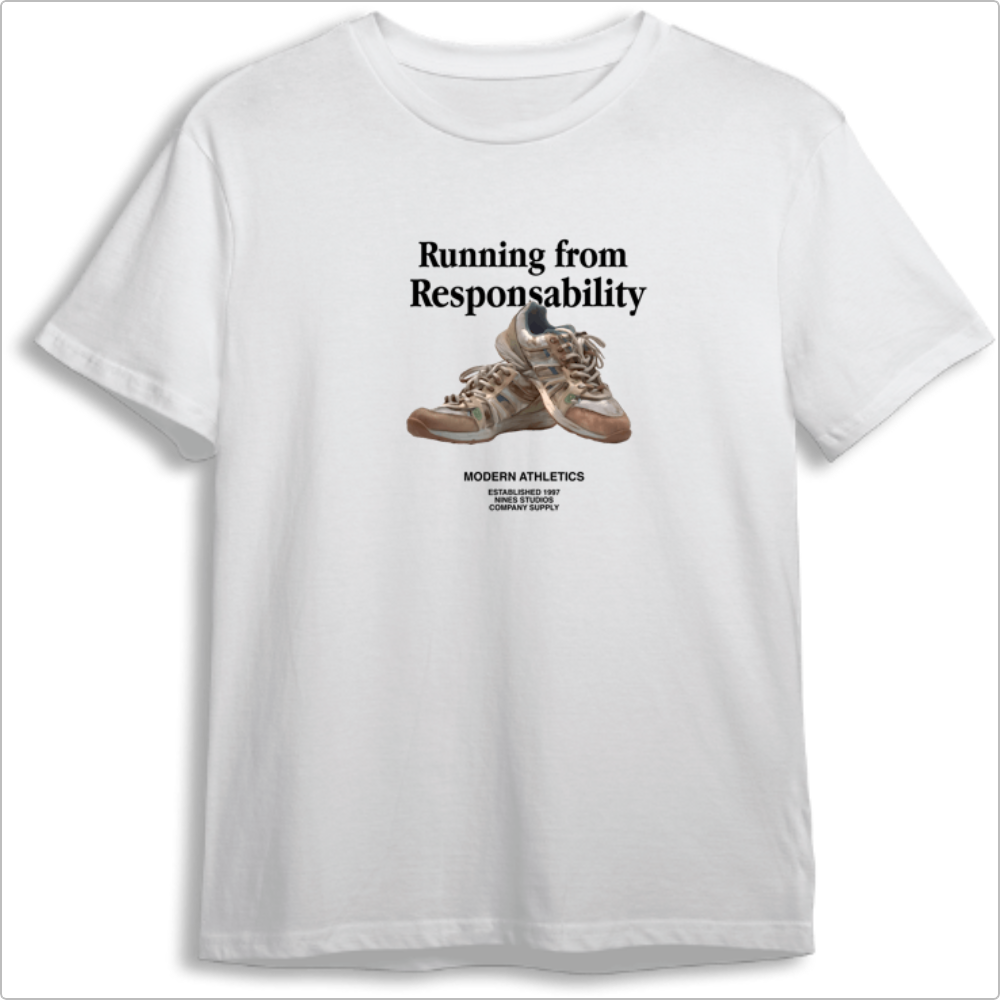 Camiseta com estampa frontal de tênis vintage, acompanhada do texto "Running from Responsibility" e "Modern Athletics" com detalhes de fundação.